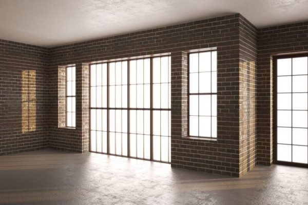 3d illustration of Brick room with large windows 