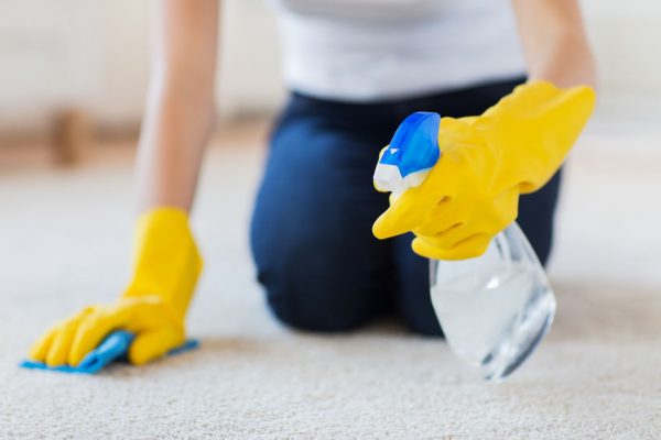 54830649 - people, housework and housekeeping concept - close up of woman in rubber gloves with cloth and detergent spray cleaning carpet at home