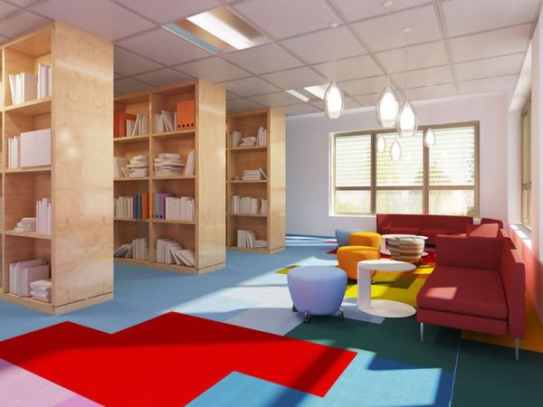 50514575 - colorful library in kitch styled school. red sofas, multicolored carpet. 3d render
